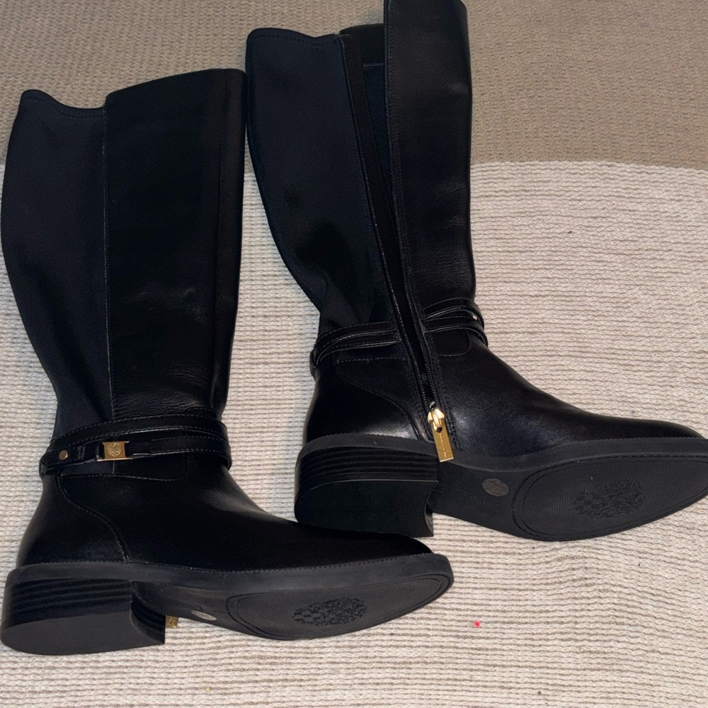 NWOT Vince Camuto Annabel Black Tall Leather Riding Boots with Gold Hardware